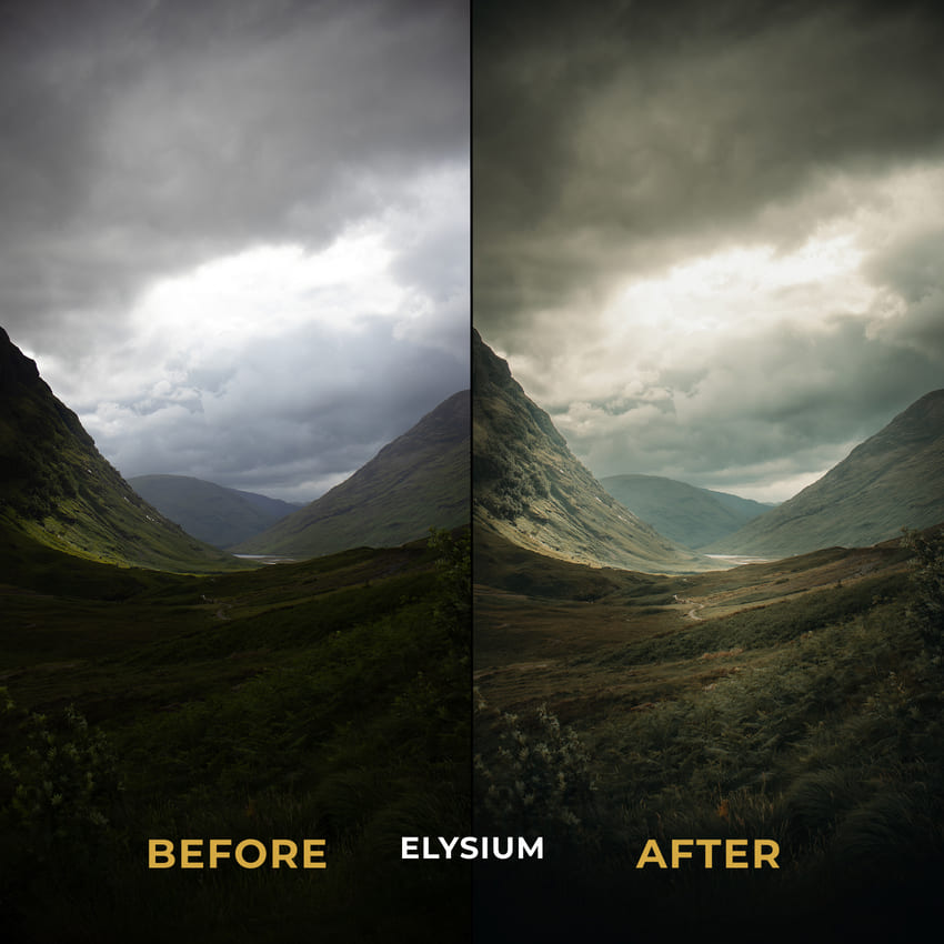 Before and after comparison of a mountain landscape with 'Elysium' filter applied.