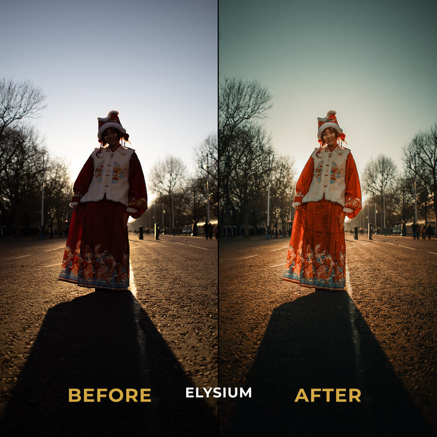 Before and after comparison of a person in traditional attire with 'Elysium' text overlay.
