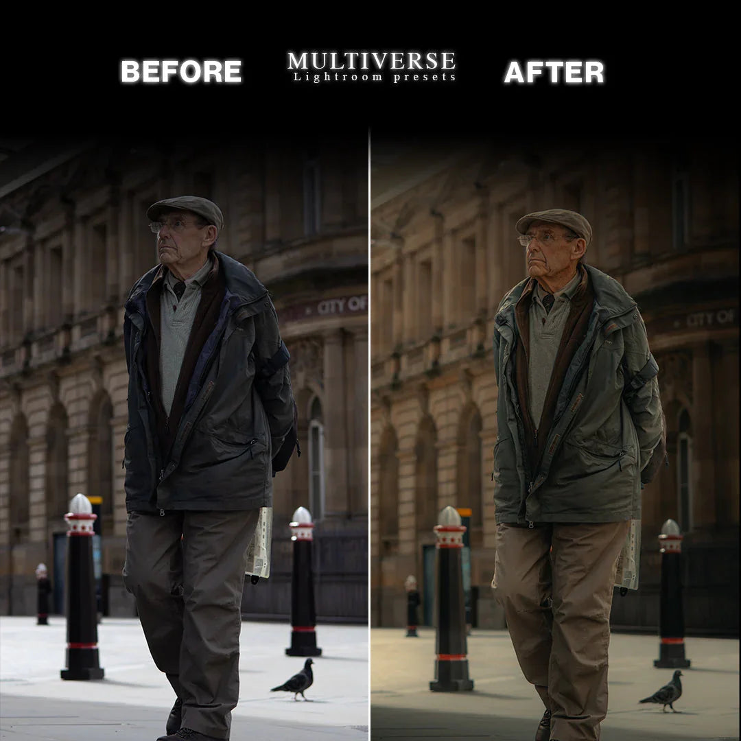 Before and after edit with Multiverse preset – street portrait in London