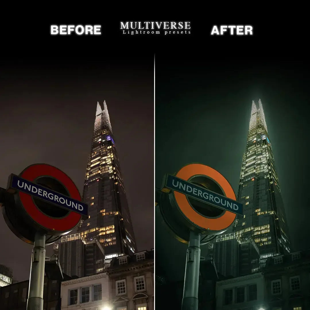 Before and after nighttime photo – futuristic city tones with Multiverse preset