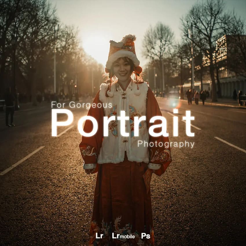 Person in a festive outfit standing on a street with text overlay 'For Gorgeous Portrait Photography'.