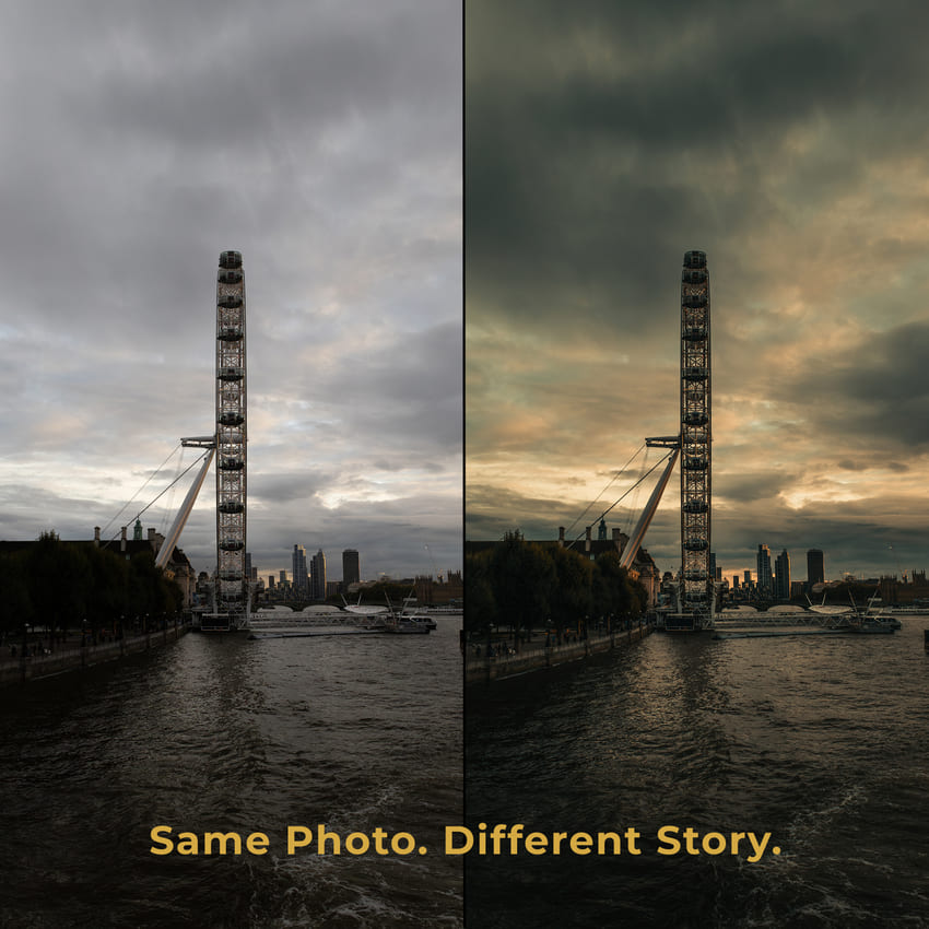 Two views of a Ferris wheel over water with a city skyline, labeled 'Same Photo. Different Story.'