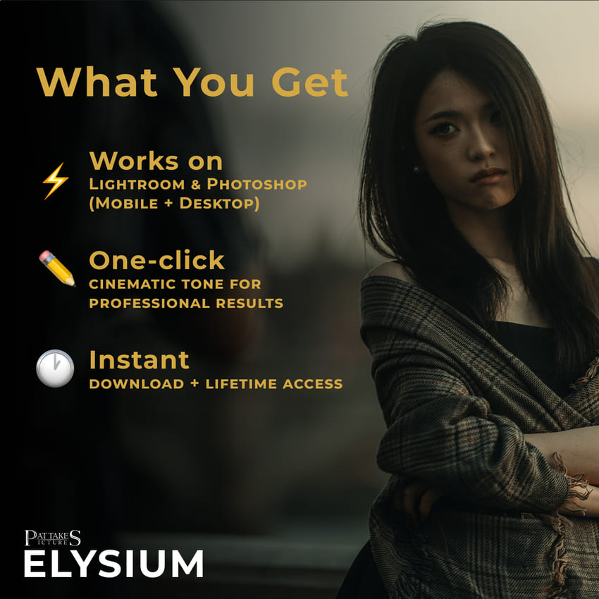 Promotional image of a woman with text about photo editing software 'Elysium' on a dark background.