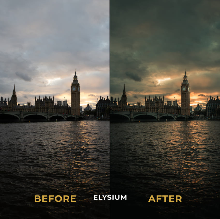 Before and after comparison of a cityscape with a clock tower under a cloudy sky.