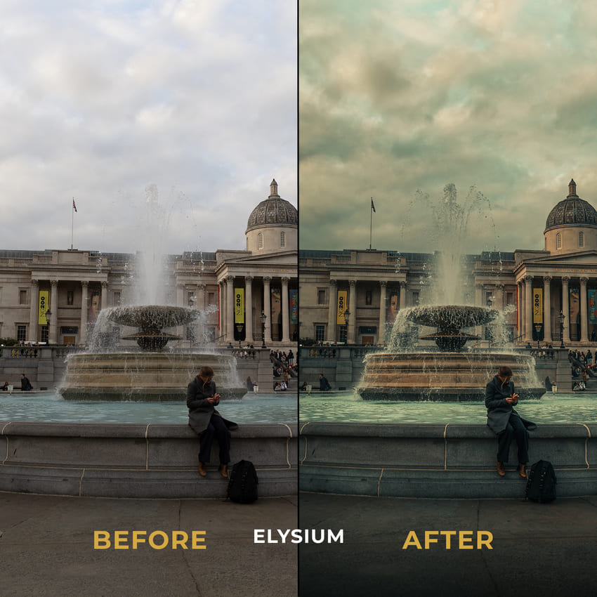 Comparison of a fountain scene with 'Before', 'Elysium', and 'After' text.
