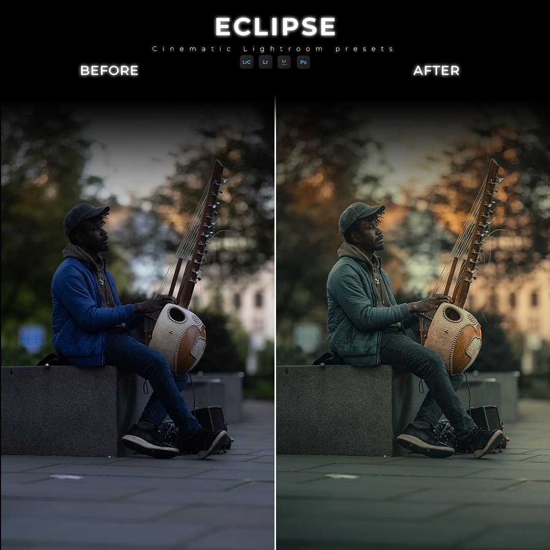 Before and after street musician photo edited with VORTEX preset from ECLIPSE Cinematic Lightroom Pack