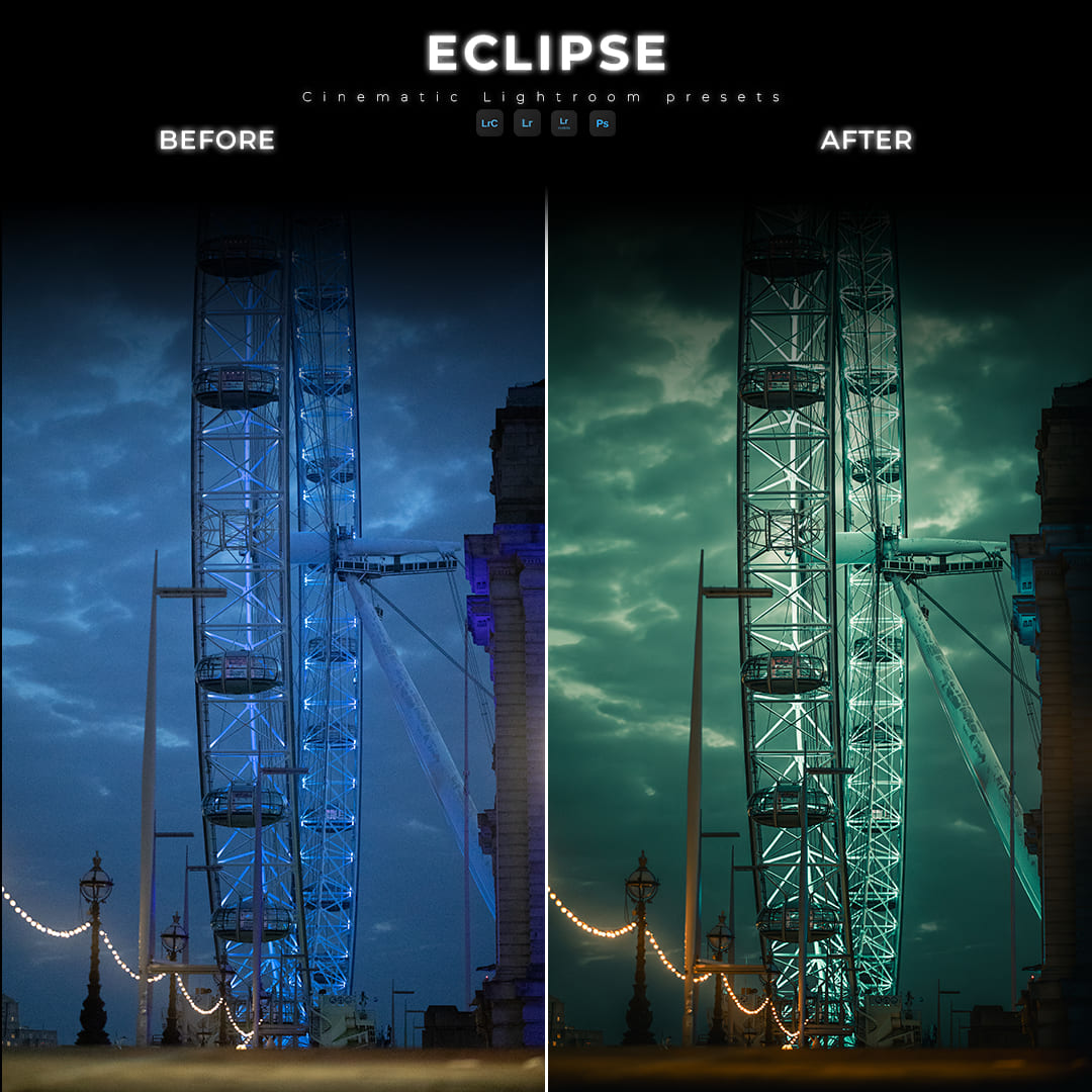 Before and after London Eye night photo edited with UMBRA preset from ECLIPSE Cinematic Lightroom Pack
