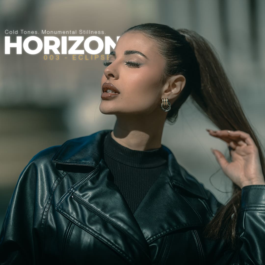 Portrait of woman in leather jacket edited with HORIZON preset from ECLIPSE Cinematic Lightroom Pack