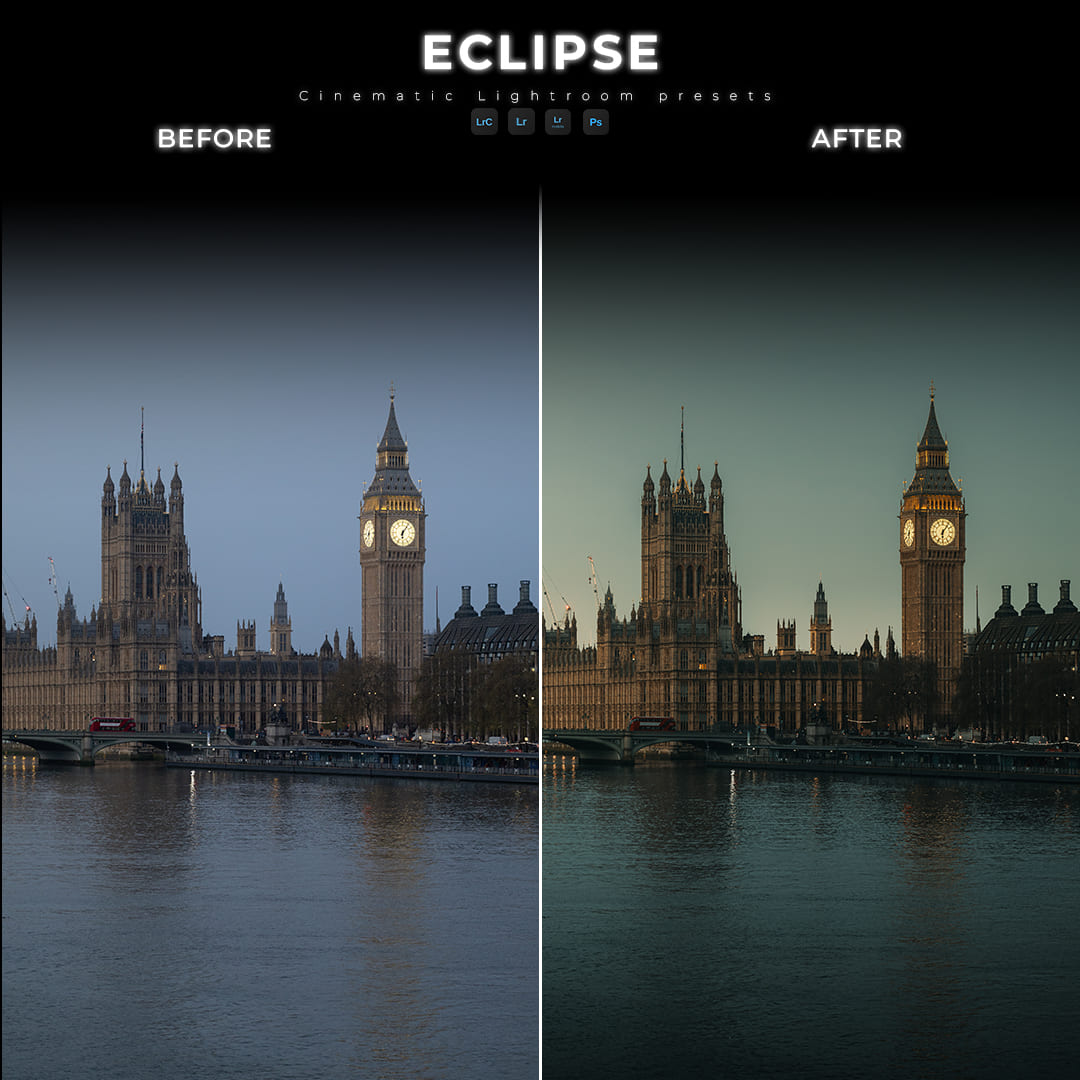 Before and after Big Ben Westminster photo edited with HORIZON preset from ECLIPSE Cinematic Lightroom Pack