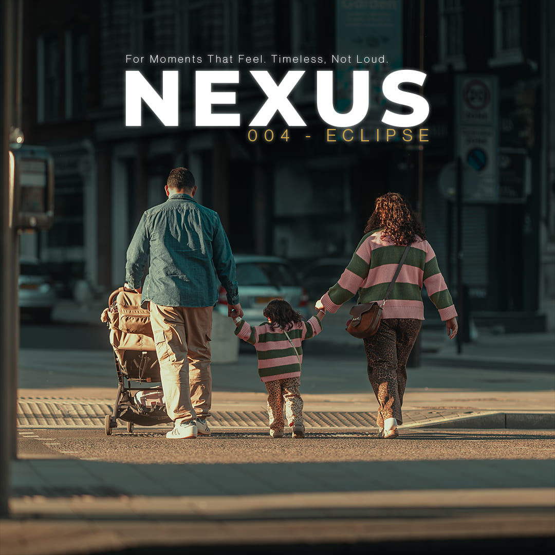 Family walking on city street edited with NEXUS preset from ECLIPSE Cinematic Lightroom Pack