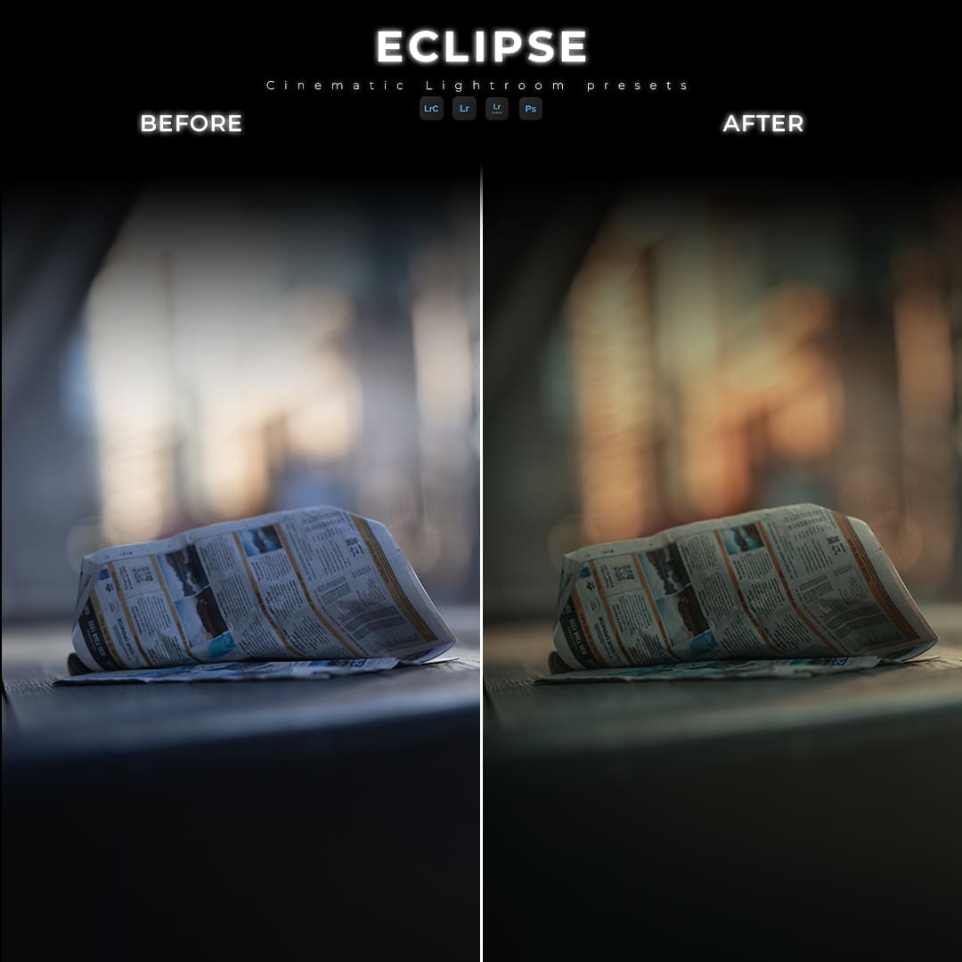 Before and after crumpled newspaper photo edited with NEXUS preset from ECLIPSE Cinematic Lightroom Pack