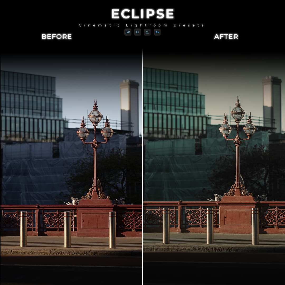 Before and after street architecture photo edited with AURA preset from ECLIPSE Cinematic Lightroom Pack