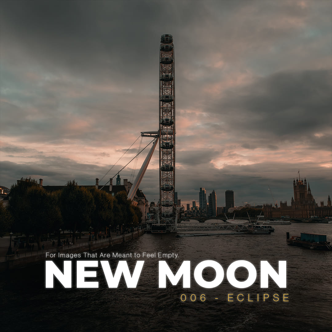 London Eye and Thames river under dramatic sky edited with NEW MOON preset from ECLIPSE Cinematic Lightroom Pack
