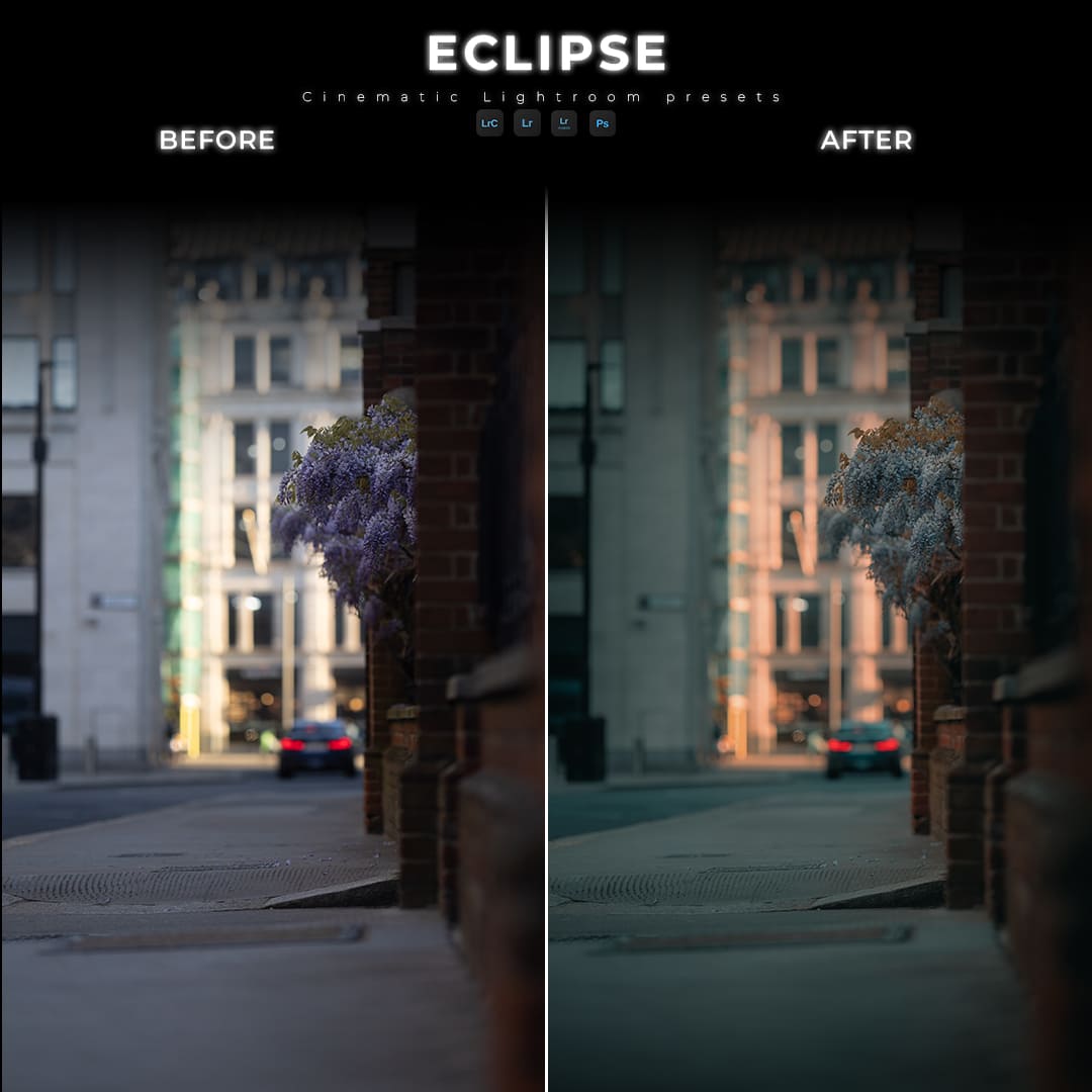 Before and after urban street scene edited with NEW MOON preset from ECLIPSE Cinematic Lightroom Pack