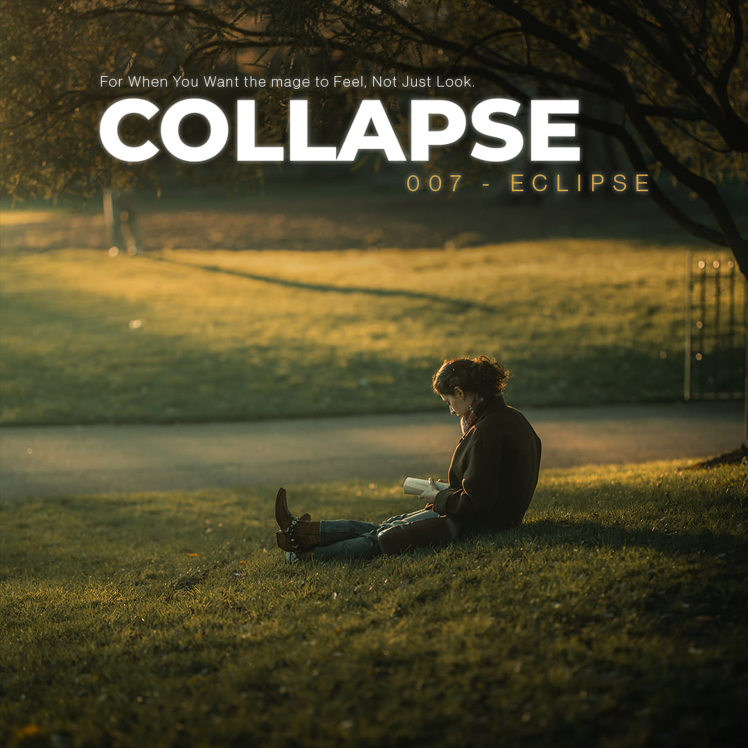 Person sitting alone in park in golden directional light edited with COLLAPSE preset from ECLIPSE Cinematic Lightroom Pack