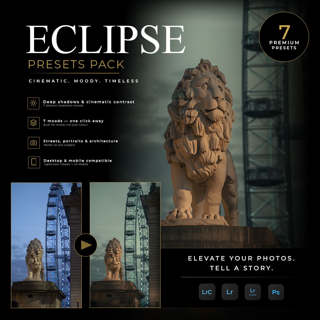 Eclipse presets pack advertisement with lion statue and London Eye in the background