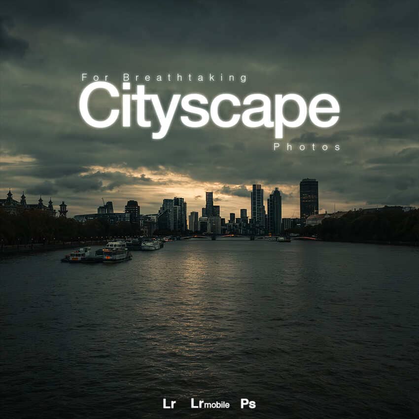 Cityscape with skyline and river under a cloudy sky, featuring text overlay.