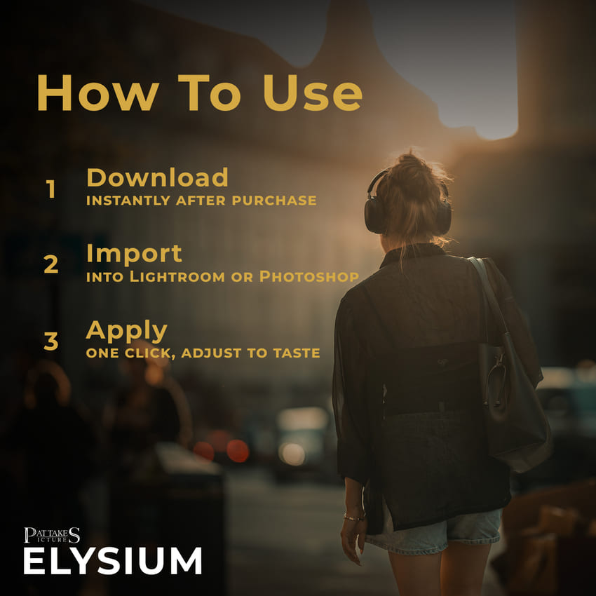 Person wearing headphones with text on how to use 'Elysium' software overlayed.