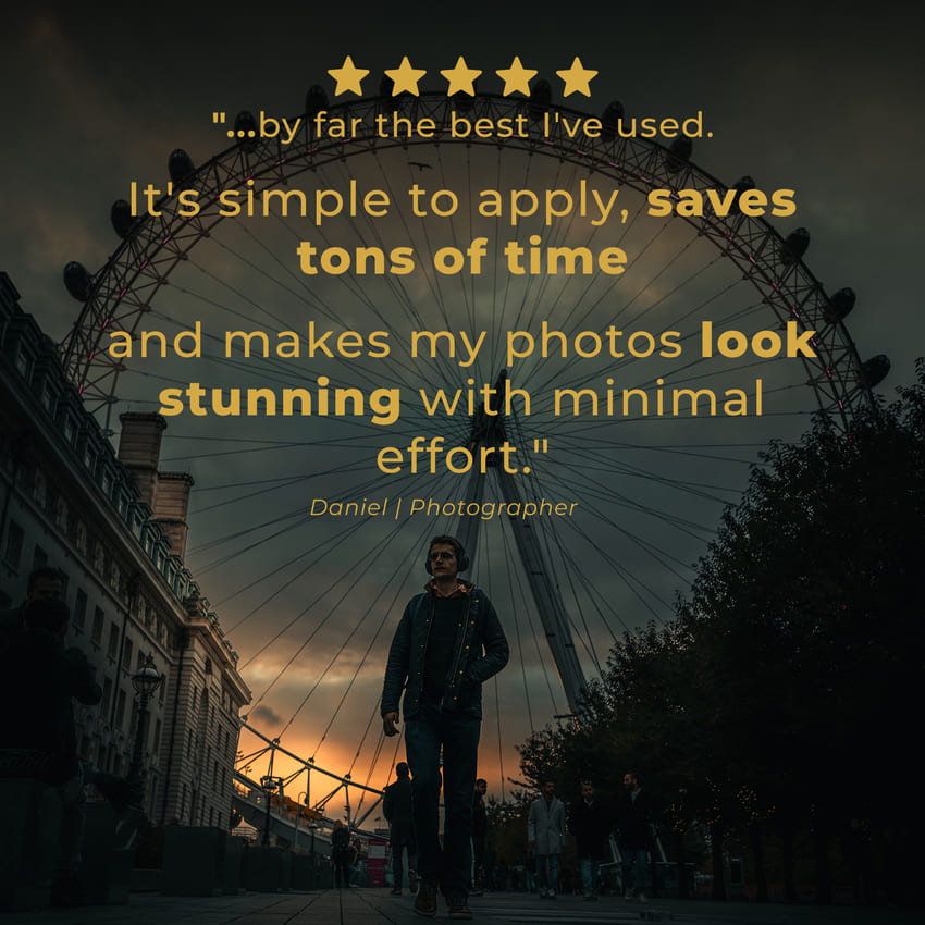 Person walking with a quote overlaid on a cityscape with a Ferris wheel.
